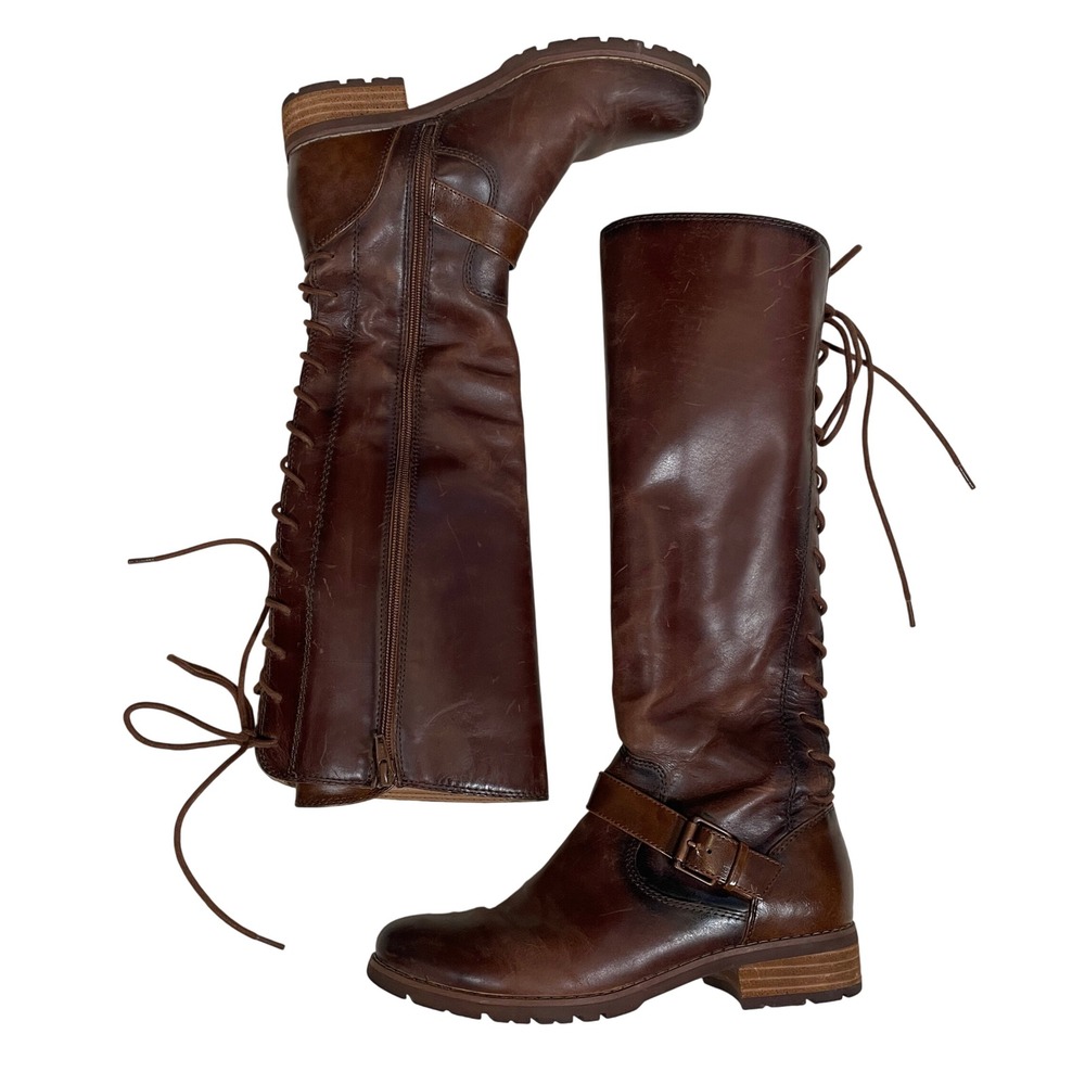Sofft Lace-up Riding Boots Brown Leather Boho Equestrian Knee High Block Heels 7
